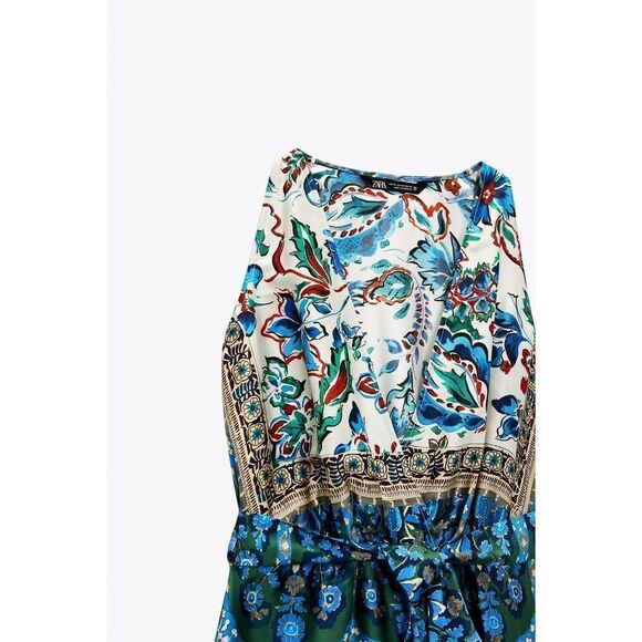 ZARA Combined Scarf Print Flowy Voluminous Wide Leg Jumpsuit - Picture 5 of 8